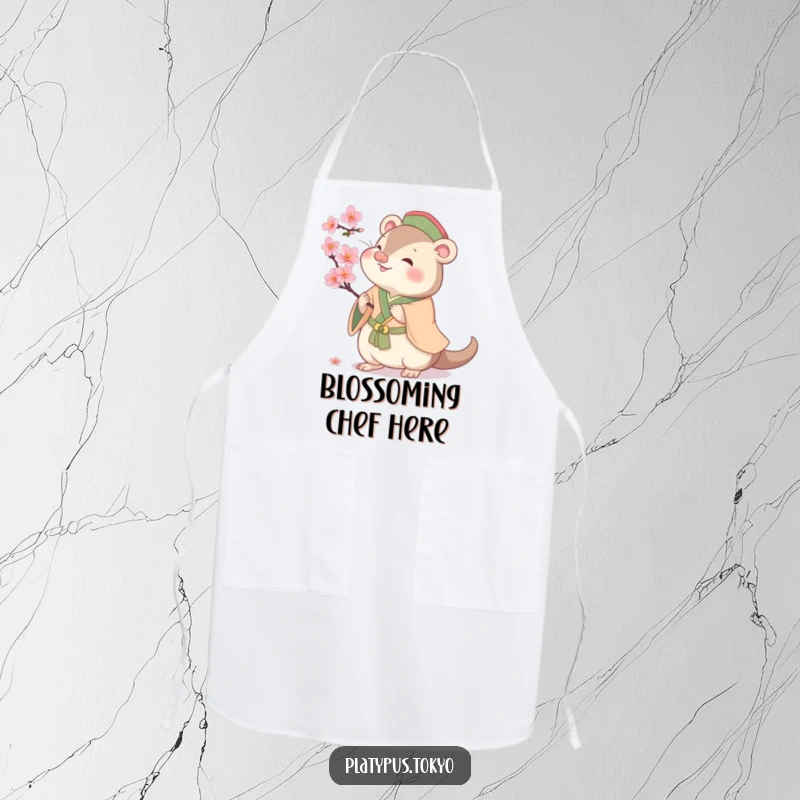 Funny cherubic platypus batting at a cherry blossom, on a kitchen apron, for playful and humorous cooking.