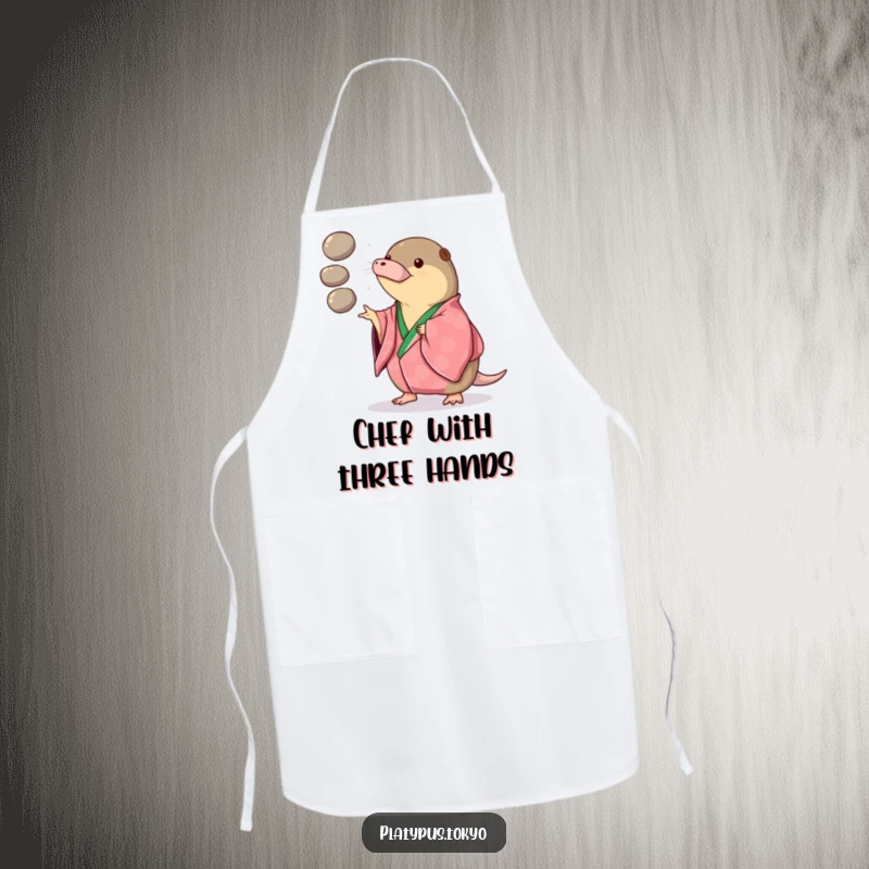 Funny Apron with a platypus in a vibrant kimono playfully juggling three smooth, round pebbles, ready for cooking.