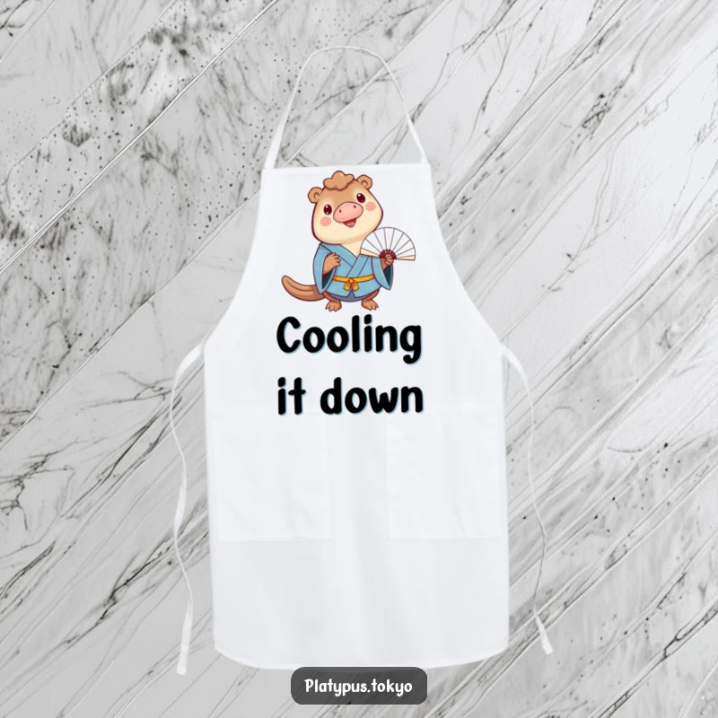 Funny Apron with a cheerful platypus in a blue kimono balancing a fan on its bill, perfect for cooking.