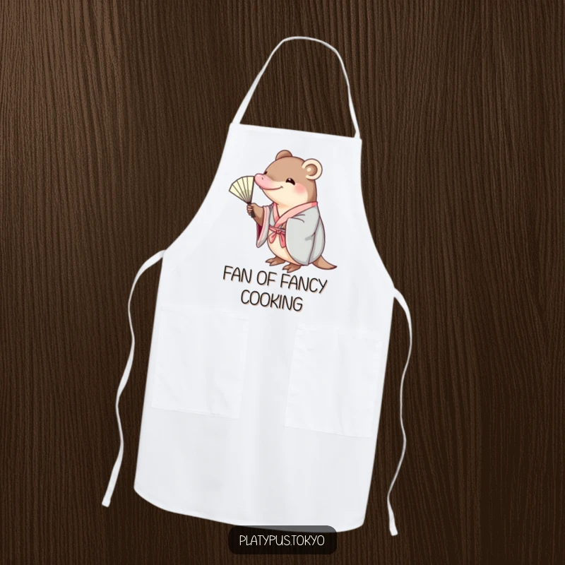 Funny platypus in a kimono, reaching for a fan, on a functional kitchen apron, for a stylish and humorous cook.