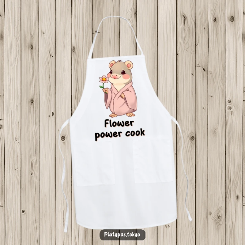 Funny kawaii platypus offering a blooming flower, on a kitchen apron, for adding gentle humor to cooking.