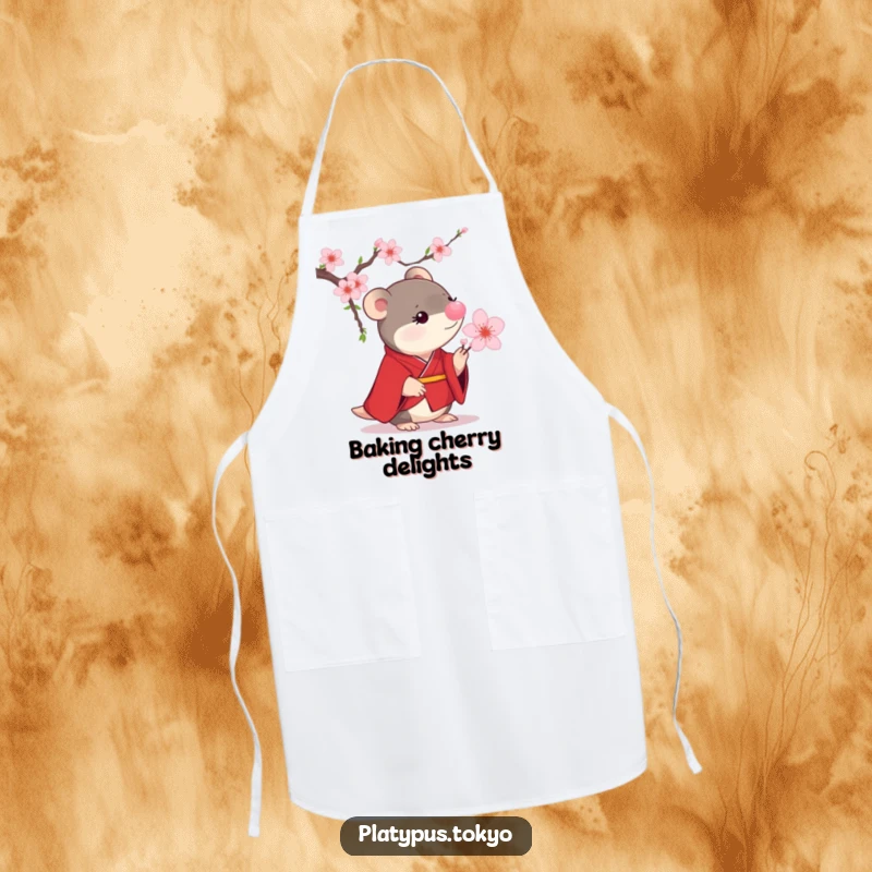 Funny Platypus Cherry Blossom Apron showing a small platypus in a scarlet kimono curiously examining a blooming cherry blossom.