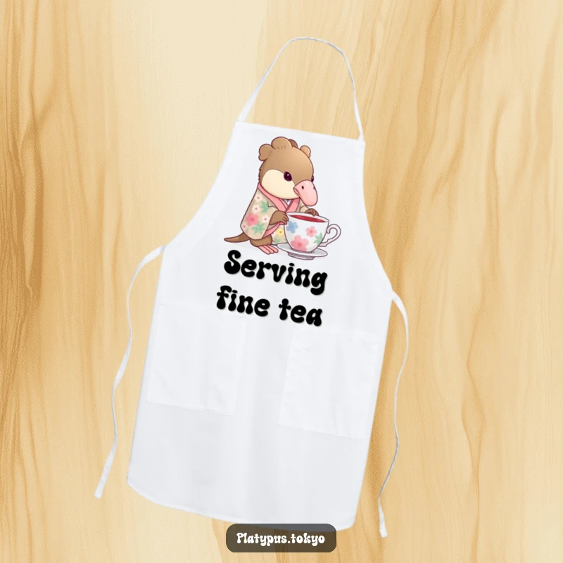 Funny Apron with a platypus wearing a floral kimono gracefully dipping its beak into a teacup, perfect for cooking.