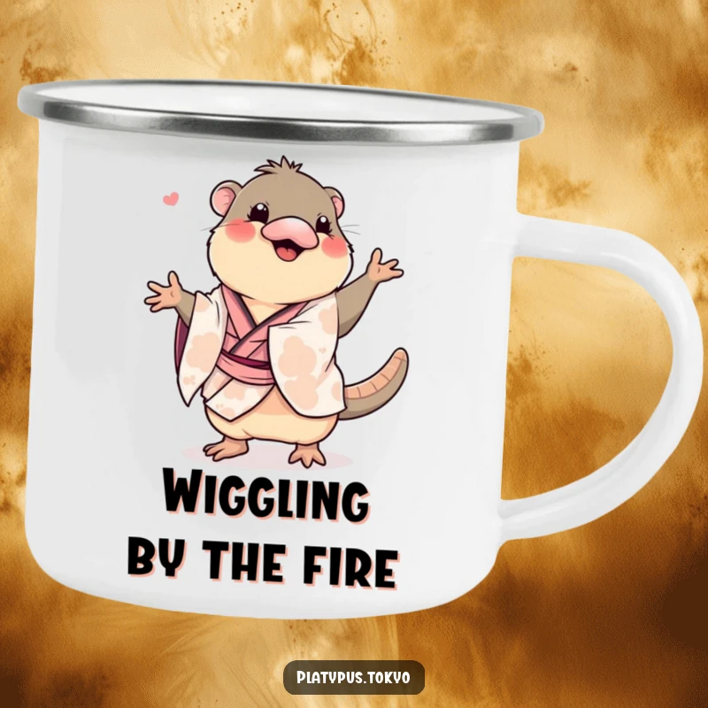 Funny platypus doing a wiggly dance in a kimono, on a camping mug, for energetic outdoor moments.
