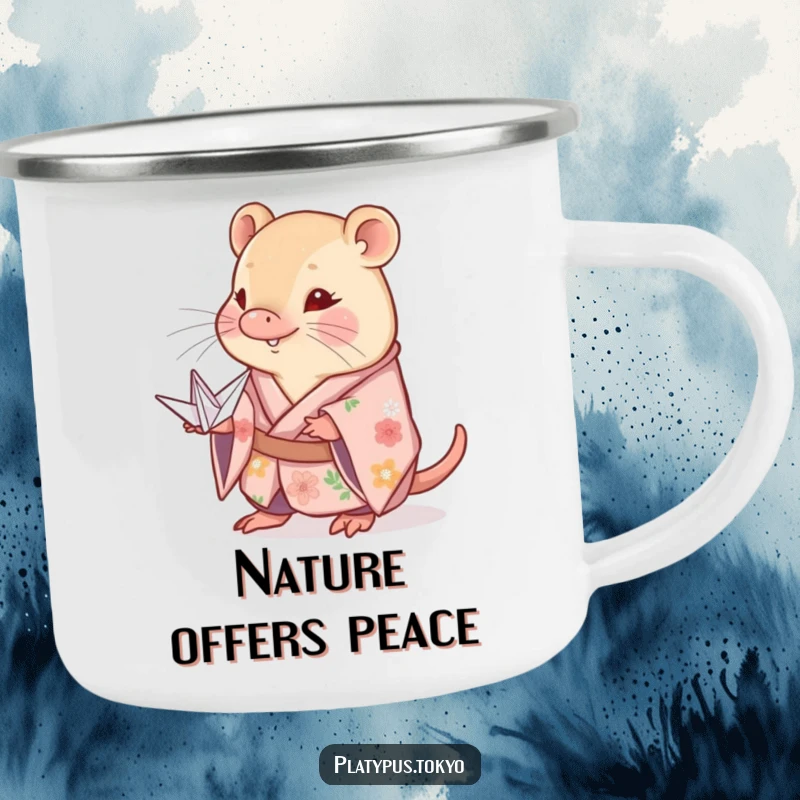 Funny shy platypus camping mug in a floral kimono, holding out a perfectly folded paper crane, ideal for serene outdoor moments.