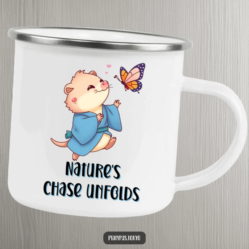 Funny Platypus Butterfly Camping Mug showing a cute platypus in a flowing blue kimono playfully chasing a colorful butterfly.