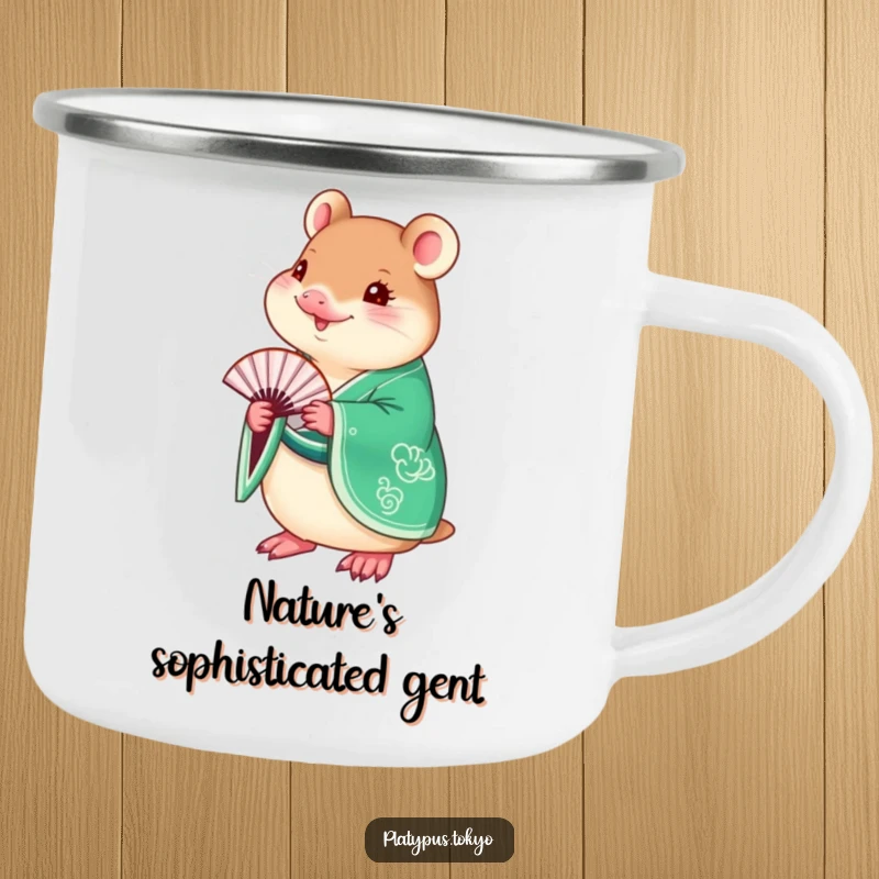 Funny Platypus Kimono Camping Mug featuring a charming platypus in a vibrant emerald green kimono, holding a delicate fan.