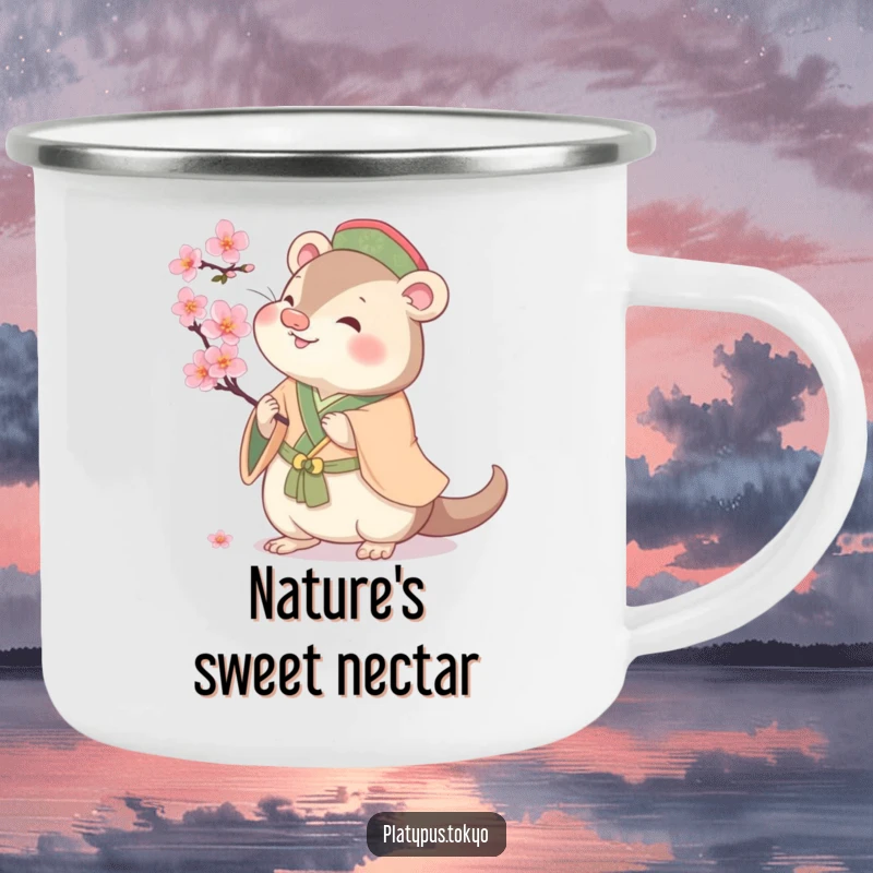 Funny cherubic platypus batting at a cherry blossom, on a camping mug, for cheerful outdoor enjoyment.