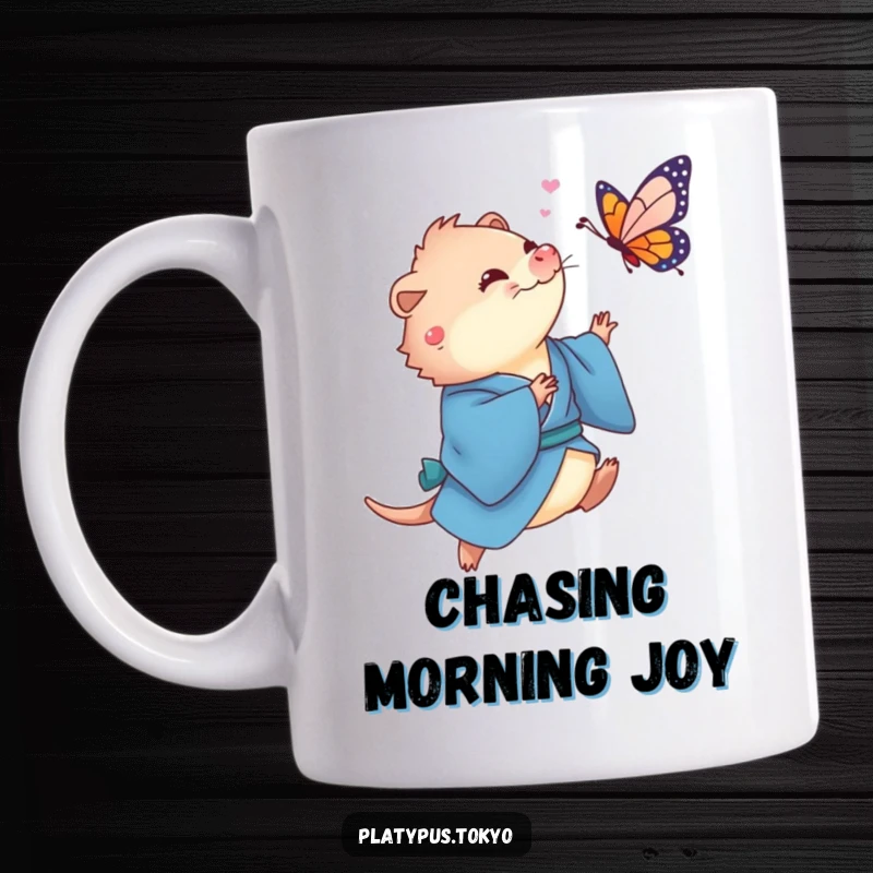 Funny Platypus Butterfly Mug showing a cute platypus in a flowing blue kimono playfully chasing a colorful butterfly.