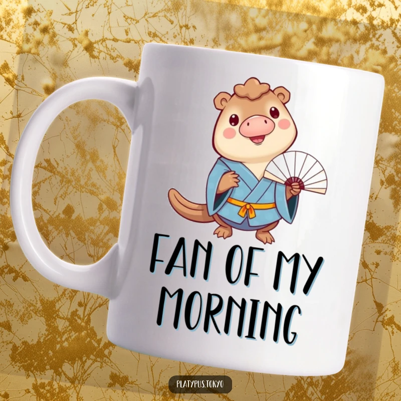 Funny Mug with a cheerful platypus in a blue kimono balancing a fan on its bill, looking happy.