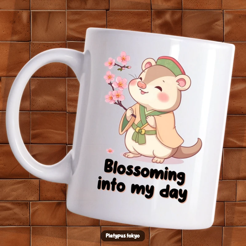 Funny cherubic platypus in traditional attire playfully batting at a cherry blossom, on a mug, bringing spring joy.