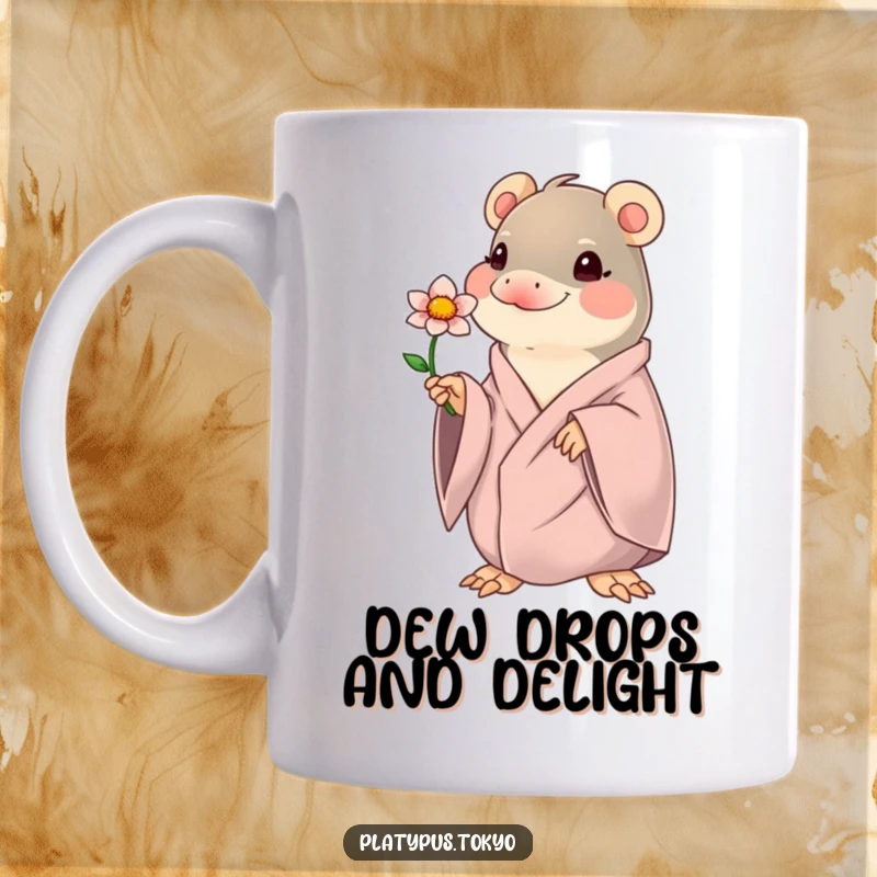 Funny kawaii platypus in flowing robes offering a single blooming flower, on a mug, radiating cuteness and humor.