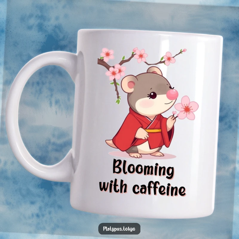 Funny Platypus Cherry Blossom Mug shows a small platypus in a scarlet kimono curiously examining a blooming cherry blossom.
