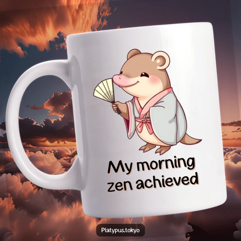 Funny platypus in a kimono gracefully reaching for a delicate fan, sipping coffee from an elegant mug, a humorous art piece.