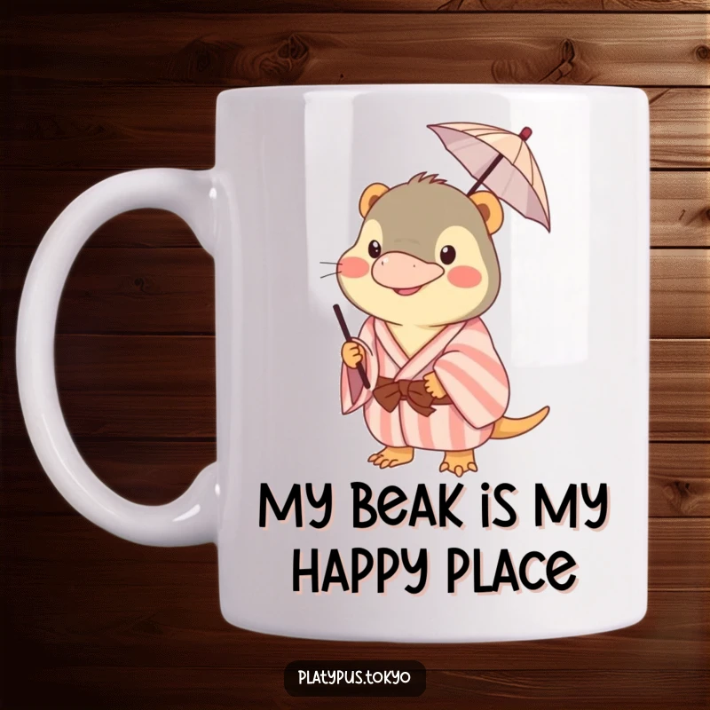 Funny platypus mug wearing a pastel kimono, happily balancing a tiny umbrella on its beak, a symbol of whimsical delight.