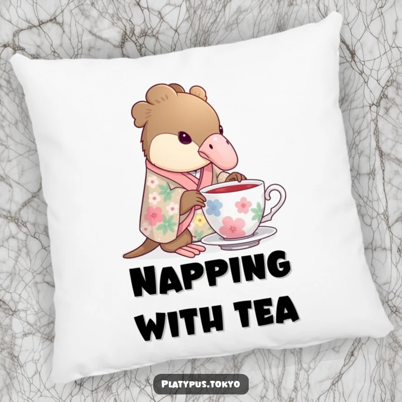 Funny Pillow with a platypus wearing a floral kimono gracefully dipping its beak into a teacup, for comfortable relaxation.