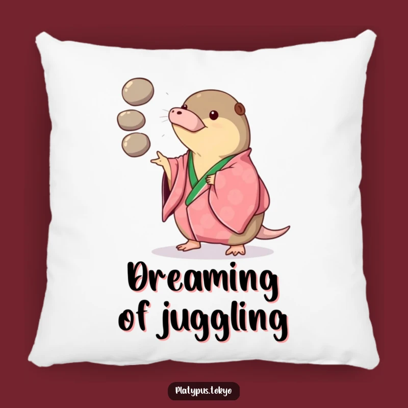 Comforting Pillow: Funny Platypus Juggling in Kimono, Playful Pebble Toss