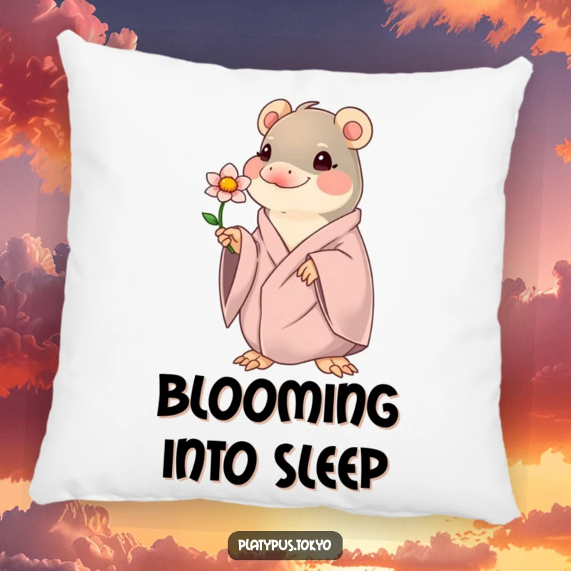 Funny kawaii platypus offering a flower, on a soft pillow, for cozy and gentle humorous comfort.