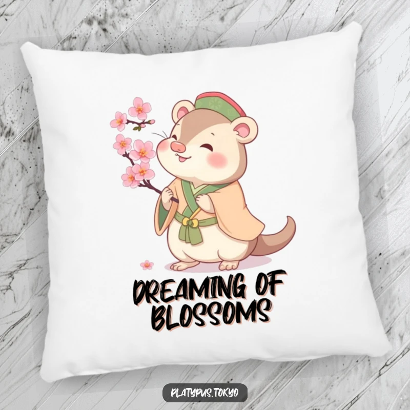 Funny cherubic platypus playing with a cherry blossom, on a soft pillow, for cozy and cute spring decor.