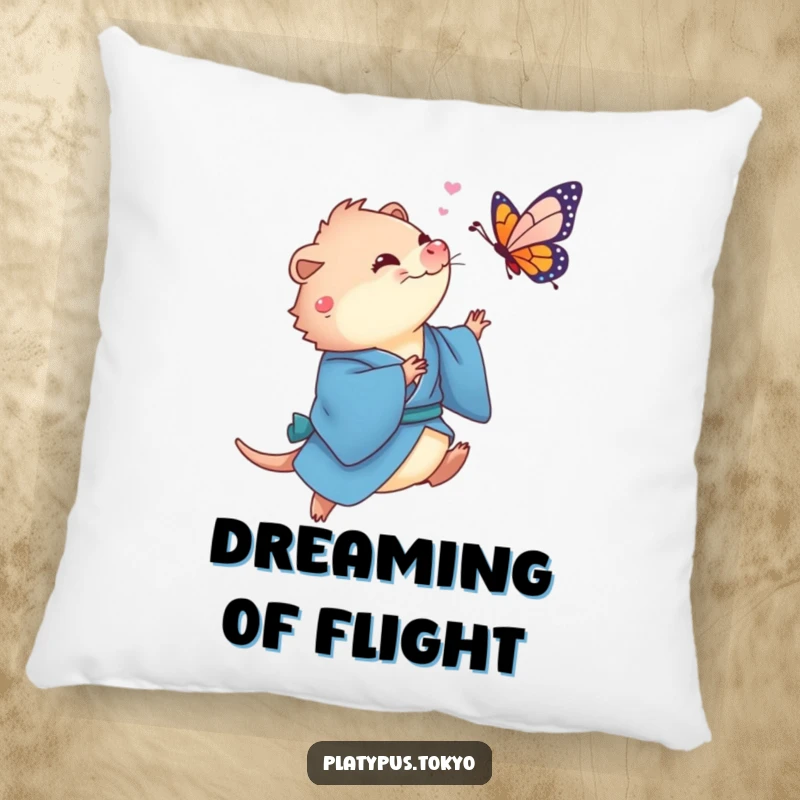 Funny Platypus Butterfly Pillow with a cute platypus in a flowing blue kimono playfully chasing a colorful butterfly.