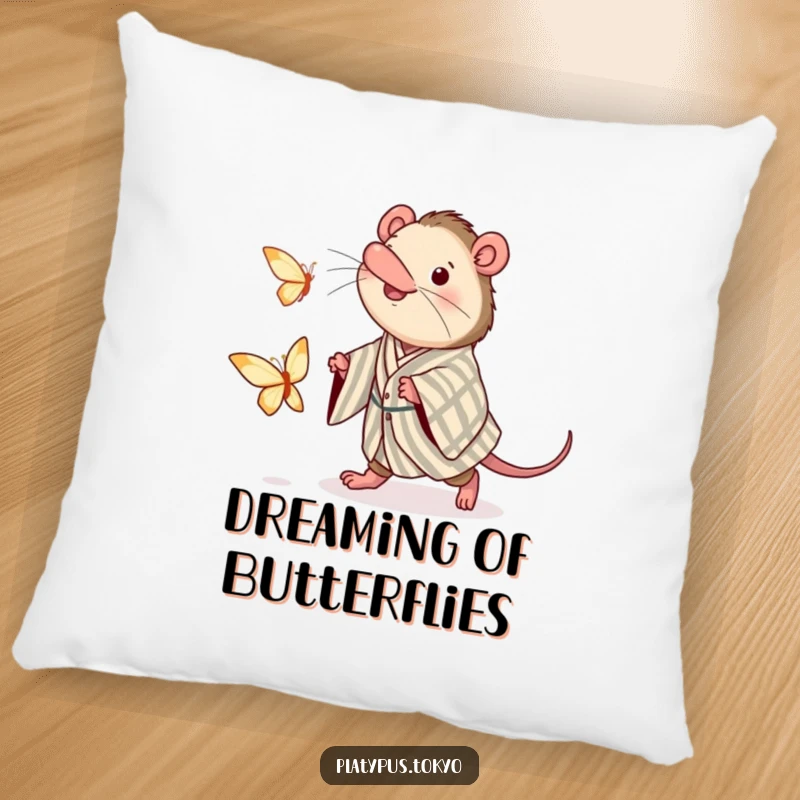 Funny pillow featuring a cute platypus in a kimono, joyfully pursuing a delicate paper butterfly, perfect for cozying up.