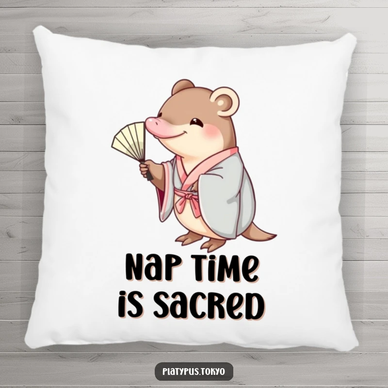 Funny platypus in a kimono, reaching for a fan, on a soft pillow, for a cozy and humorous home.