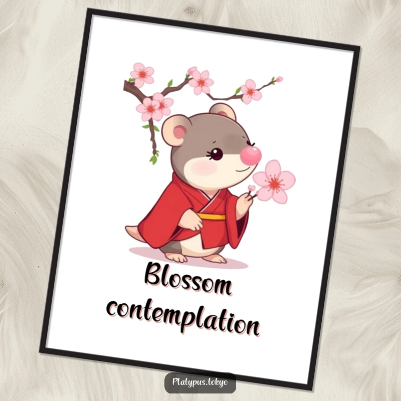 Funny Platypus Cherry Blossom Digital Art Print of a small platypus in a scarlet kimono curiously examining a blooming cherry blossom.