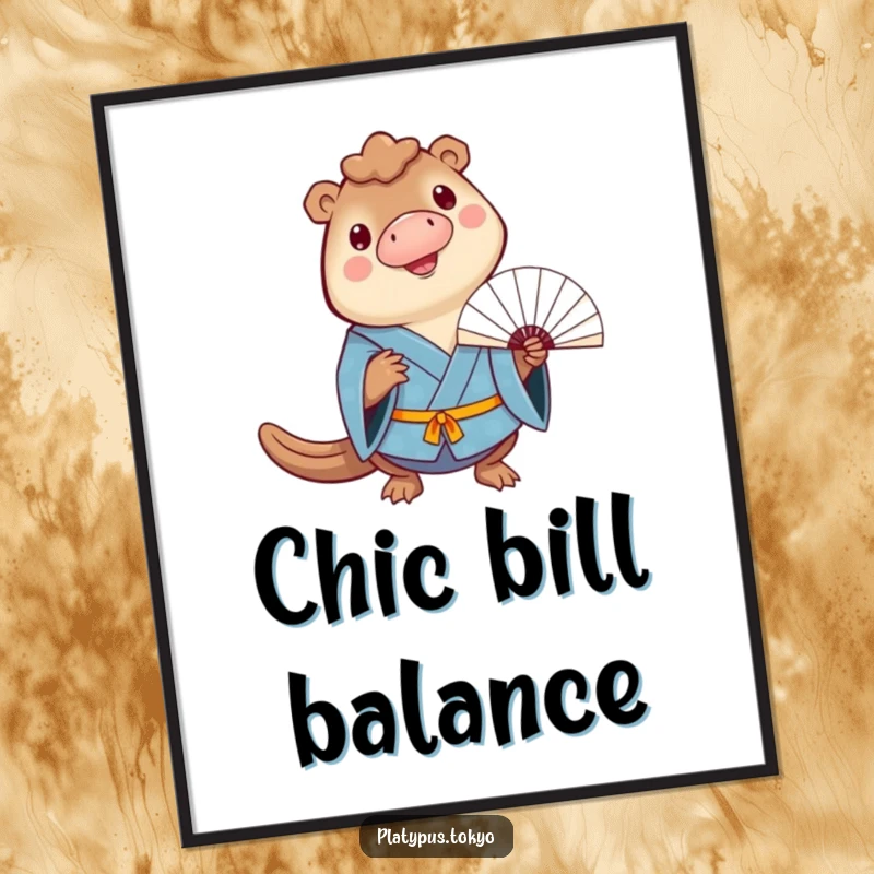 Funny Digital Art Print of a cheerful platypus in a blue kimono balancing a fan on its bill, for digital display.