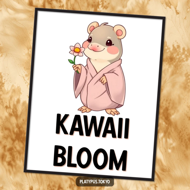 Funny kawaii platypus offering a blooming flower, as a digital art print, bringing gentle charm and humor.