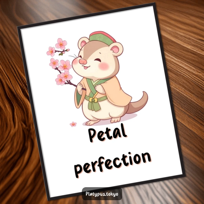 Funny cherubic platypus batting at a cherry blossom, as a digital art print, bringing spring cheer to any room.