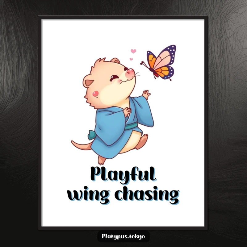 Funny Platypus Butterfly Digital Art Print of a cute platypus in a flowing blue kimono playfully chasing a colorful butterfly.