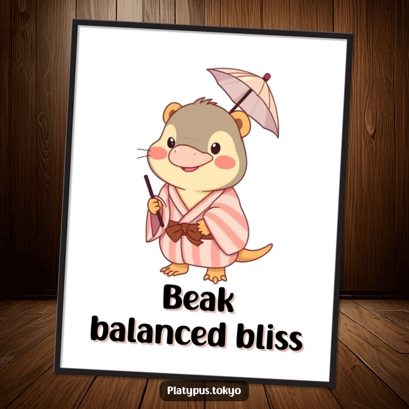 Funny platypus digital art print of a happy animal in a pastel kimono, hilariously balancing a tiny umbrella on its beak.