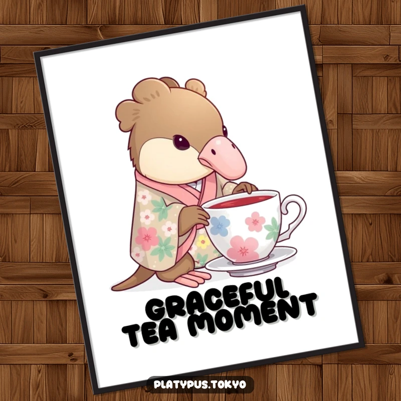 Funny Digital Art Print of a platypus wearing a floral kimono gracefully dipping its beak into a teacup, for digital display.