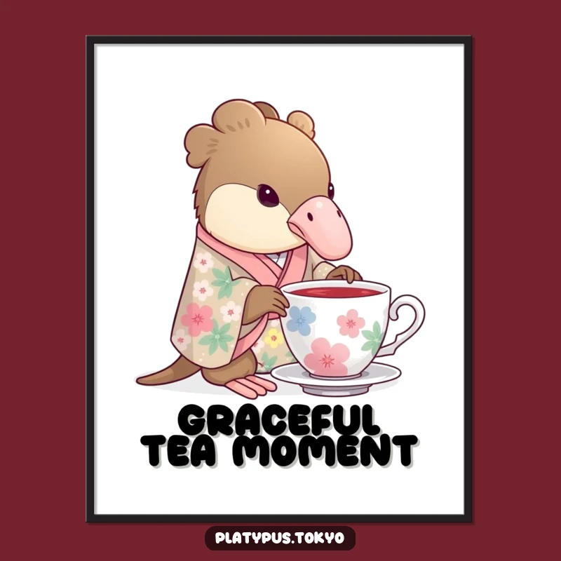 Digital Art Print: Funny Platypus Tea Time in Floral Kimono, Elegant Sip