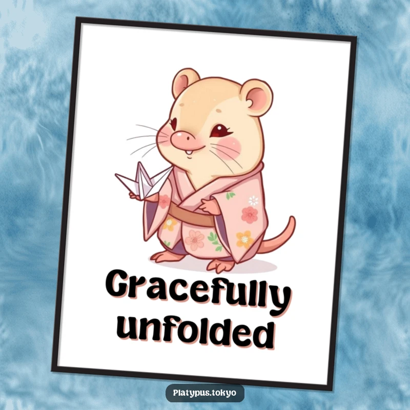 Funny shy platypus digital art print of a floral kimono-clad animal gently offering a perfectly folded paper crane.