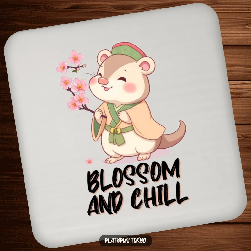 Funny cherubic platypus batting at a cherry blossom, on a drink coaster, adding cute and funny decor.