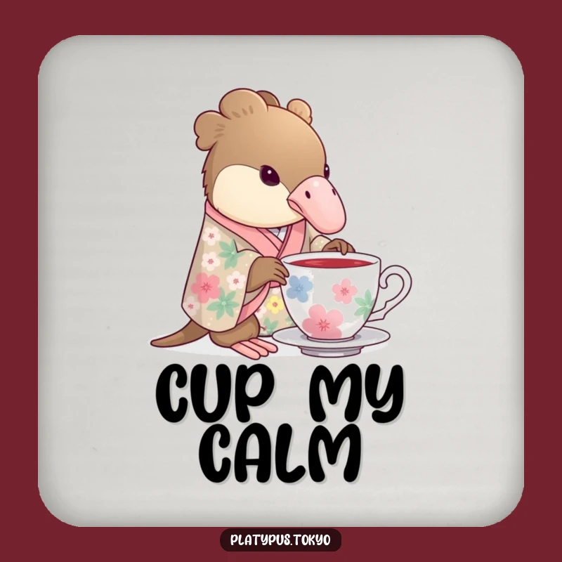 Elegant Coaster: Funny Platypus Tea Time in Floral Kimono Protecting Surfaces