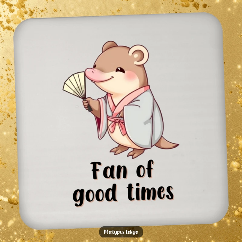 Funny platypus in a kimono, reaching for a fan, on a protective drink coaster, adding art and humor.