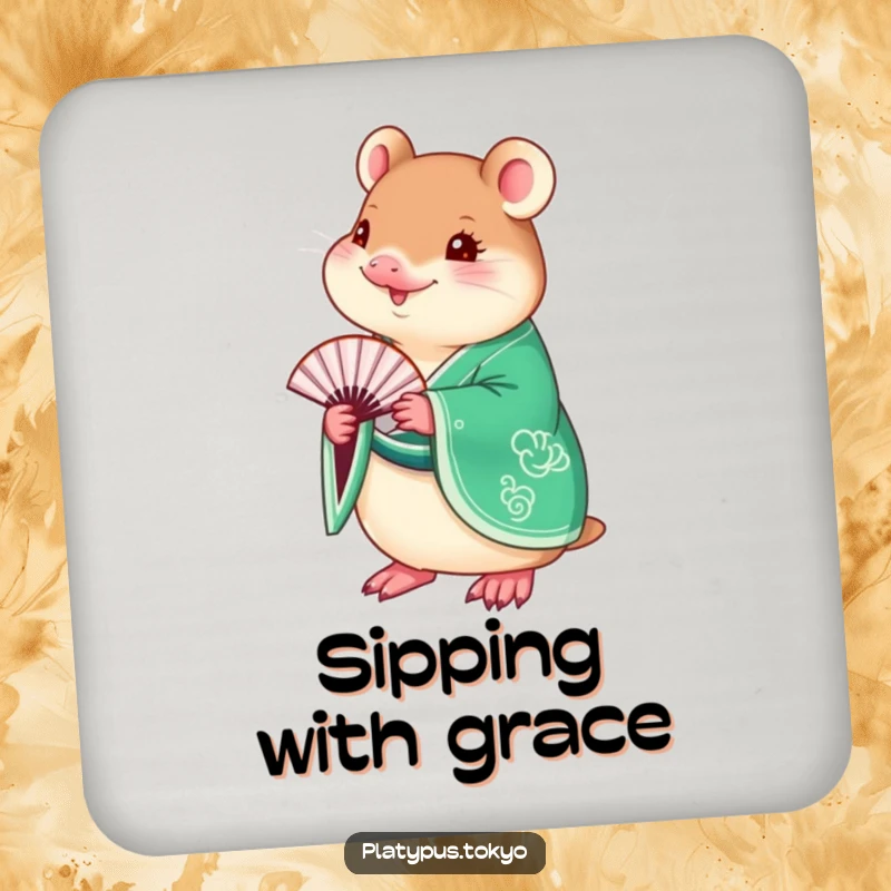 Funny Platypus Kimono Coaster set featuring a charming platypus in a vibrant emerald green kimono, holding a delicate fan.