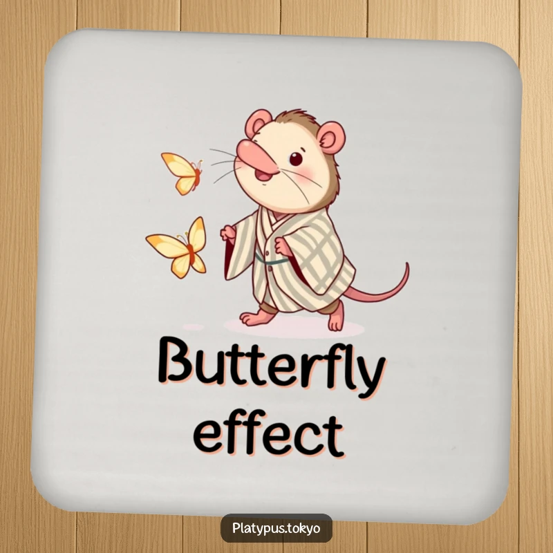 Funny drink coasters featuring a platypus in a kimono enthusiastically chasing a paper butterfly, adding humor to any table.