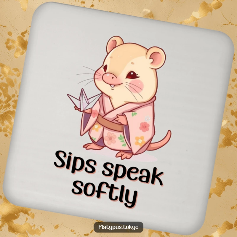 Funny shy platypus coaster in a floral kimono, delicately offering a perfectly folded paper crane, adding quiet elegance.