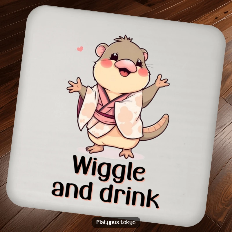 Funny platypus in a kimono doing a wiggly dance, on a drink coaster, adding vibrant humor to any surface.