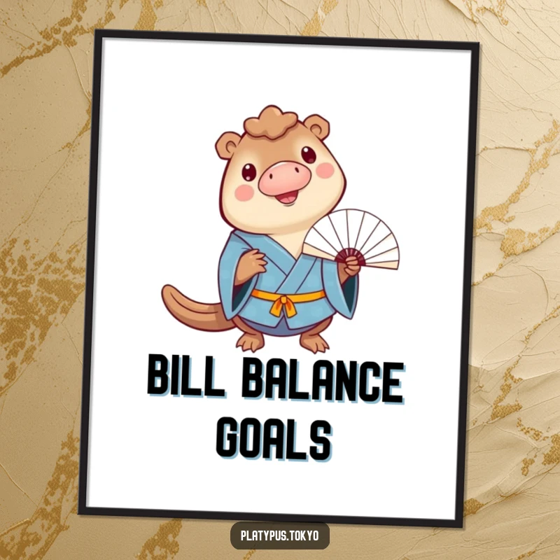 Funny Poster of a cheerful platypus in a blue kimono balancing a fan on its bill, creating a happy scene.