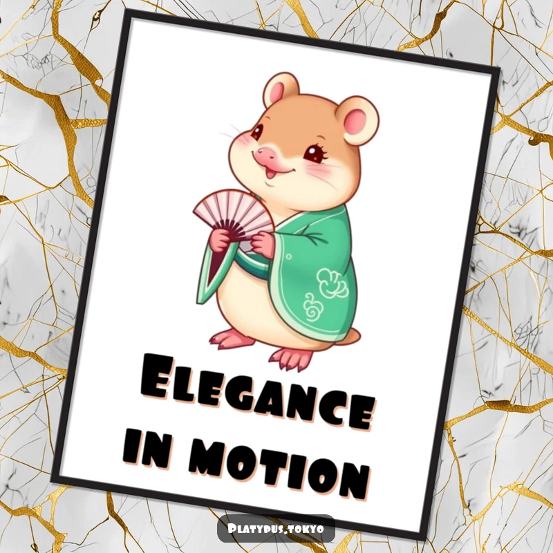 Funny Platypus Kimono Poster featuring a charming platypus dressed in a vibrant emerald green kimono, gracefully holding a delicate fan.