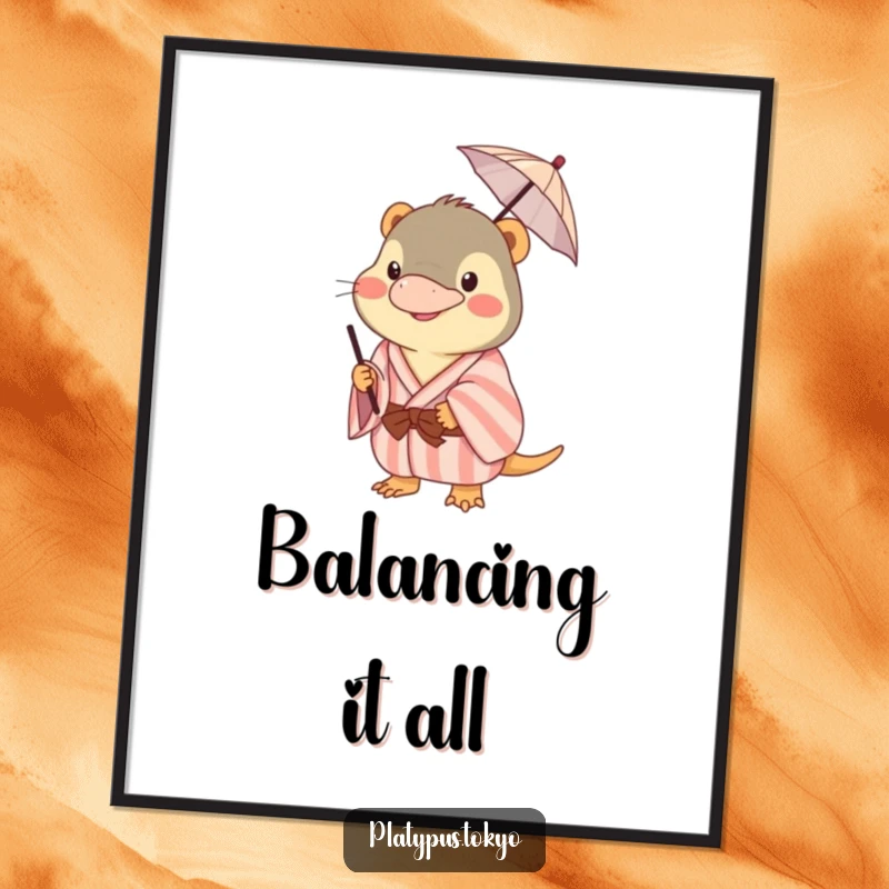 Funny platypus poster of a happy animal in a pastel kimono, skillfully balancing a tiny umbrella on its beak, artfully humorous.