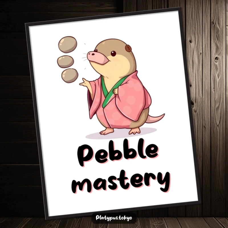 Funny Poster of a platypus in a vibrant kimono playfully juggling three smooth, round pebbles, creating a fun scene.