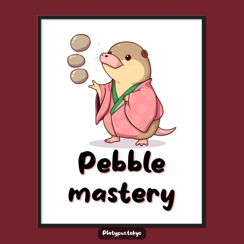 Artistic Poster: Funny Platypus Juggling in Kimono, Vibrant Pebble Toss