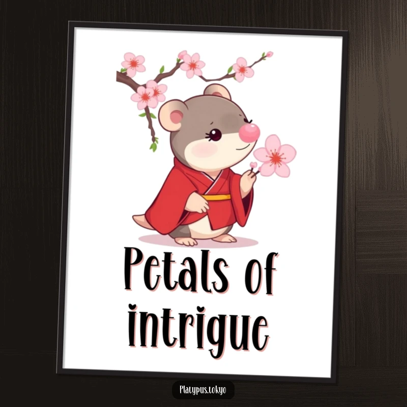 Funny Platypus Cherry Blossom Poster depicting a small platypus in a scarlet kimono curiously examining a blooming cherry blossom.