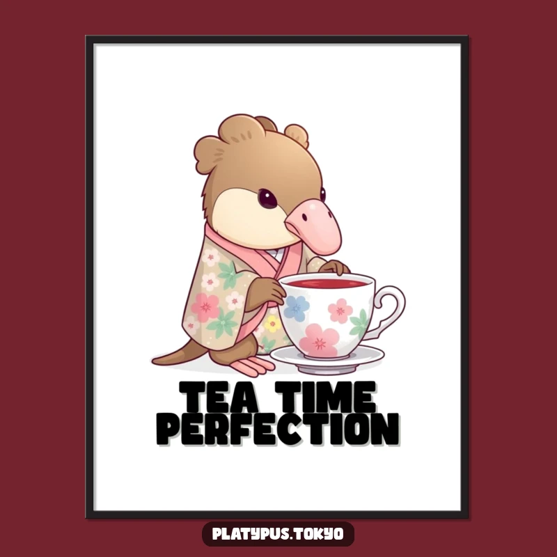 Artistic Poster: Funny Platypus Tea Time in Floral Kimono, Elegant Sip