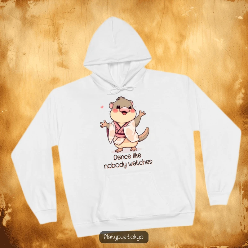 Funny platypus doing a wiggly dance in a kimono, printed on a warm hoodie, for cozy and humorous vibes.